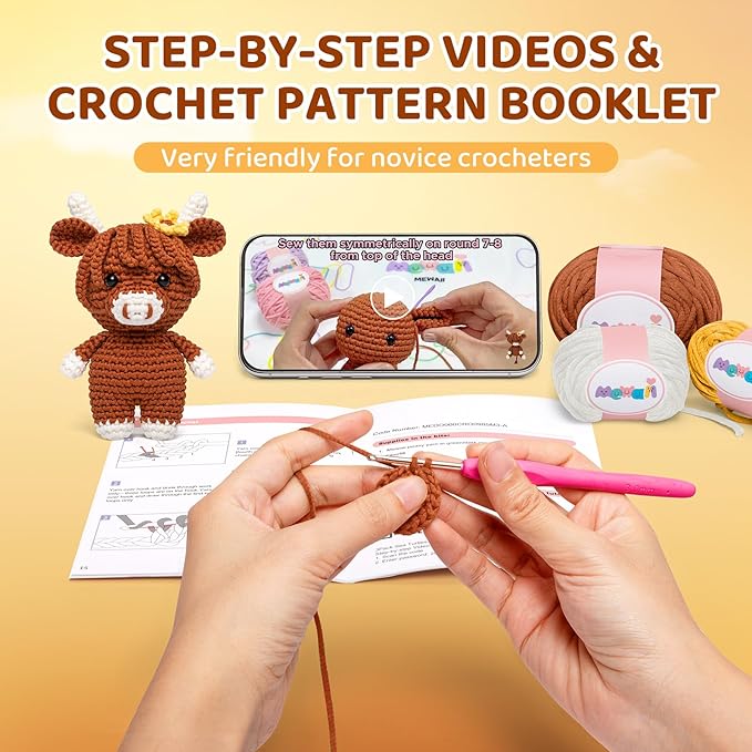 Mewaii Crochet Kit for Beginners Level 3 with 40% Extra Eco-Friendly Pre-Started Easy Yarn, Step-by-Step Video Tutorials for Adults and Kids (Hug Highland Cow)