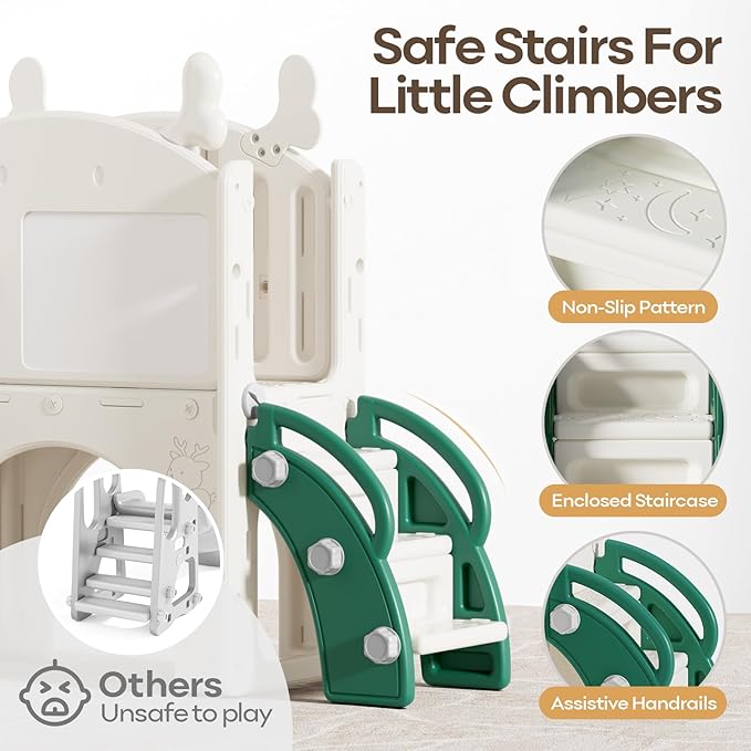 Mloong 12 in 1 Toddler Slide and Swing Set, Kids Slide for Toddlers 1-3 Years Old, Baby Playset Indoor Outdoor with Basketball Hoop Drawing Golf(Yellow & Green)(82×67×41in)