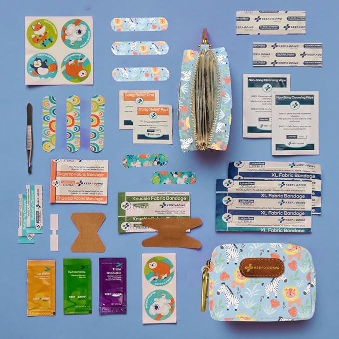 KeepGoing Small Travel First Aid Kit Kids – 60 Pc. Mini First Aid Kit for Purse, Diaper Bag, & Backpack with Latex-Free Bandages – 4 Oz., & 4.5 x 3.5 x 2 in, TSA-Approved