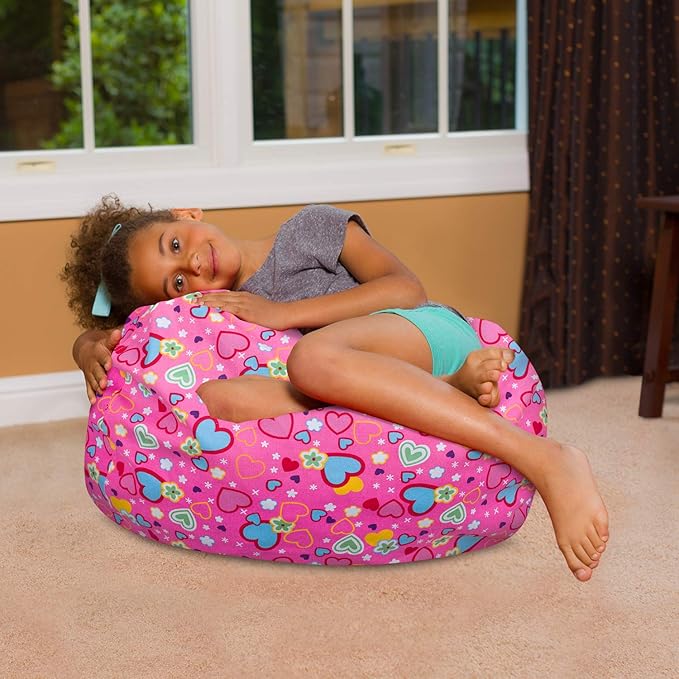 Posh Creations Bean Bag Chair for Kids, Teens, and Adults Includes Removable and Machine Washable Cover, Canvas Multi-Colored Hearts on Pink, 27in - Medium