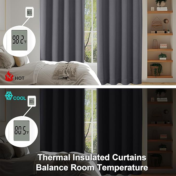 Simplebrand Ava Grey Blackout Curtains for Bedroom 84 Inch Length 2 Panels Set, Solid Thermal Insulated Privacy Living Room Window Treatment Curtains Blackout Drapes, W50 x L84 Inch, Grey