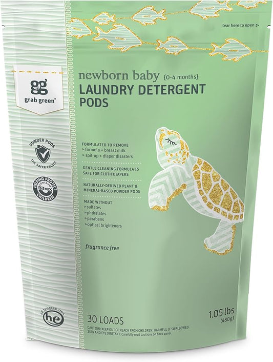 Grab Green Newborn Baby Laundry Detergent Pods, 30 Loads, Fragrance Free, Mineral Based, Non-Toxic, Stain Remover