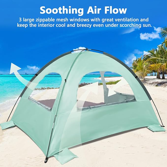 NXONE Beach Tent Sun Shade Shelter for 3/4/6 Person Person with UV Protection, Extended Floor, 3 Mesh Roll Up Windows & 8.0/8.5mm Fiberglass Rods丨Carry Bag Included