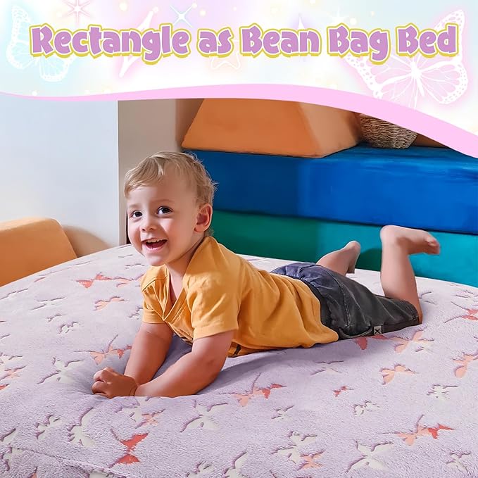 COMAX Kids Bean Bag Chair Turn into Beanbag Bed, Toddler Bean Chair for Girl Boy Sleeping, Lazy Children Bean Bags with Filler, Convertible Child Floor Mattress, Purple Butterfly