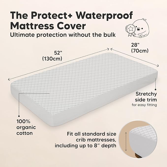 Waterproof Crib Mattress Protector Cover Fitted - 2-Pack Quiet Baby Crib Mattress Pad Sheets, 52" x 28" Soft Quilted Cotton Baby Sheet, Machine Washable, Easy Fit, Durable (Pearl Gray/Quin)