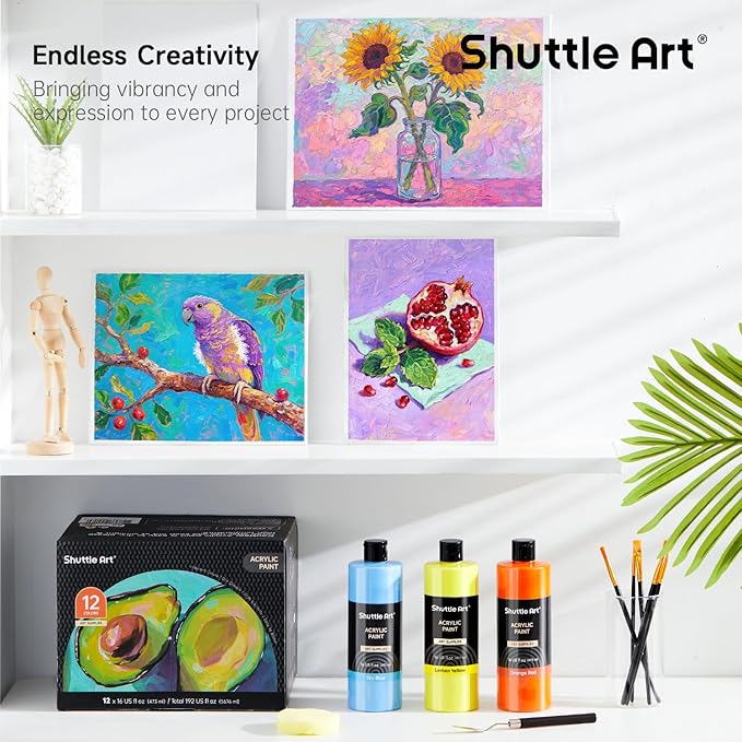 Shuttle Art Acrylic Paint, 12 Colors Acrylic Paint Large Bottle Set, 473ml/16oz Each, Rich Pigments, High Viscosity, Bulk for Artists, Beginners and Kids on Rocks Crafts Canvas Wood