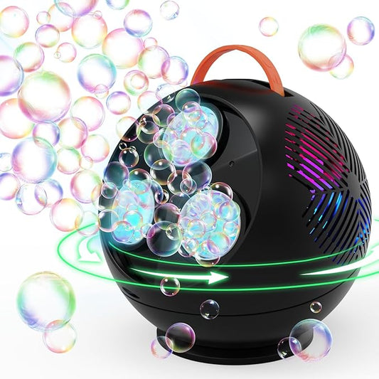 Bubble Machine Automatic Bubble Blower for Kids Toddlers Rechargeable Portable Spherical LED Bubble Maker Electric Auto Rotating 45°/360° Outdoor Toy Birthday Party Wedding (Spherical Black)