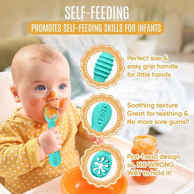 8pc Silicone Baby Spoons & Forks Set – Self Feeding Baby Utensils 6-12 Months – BPA Free, Dishwasher Safe – Toddler Cutlery (Turquoise/Pickle & Green/Yellow)