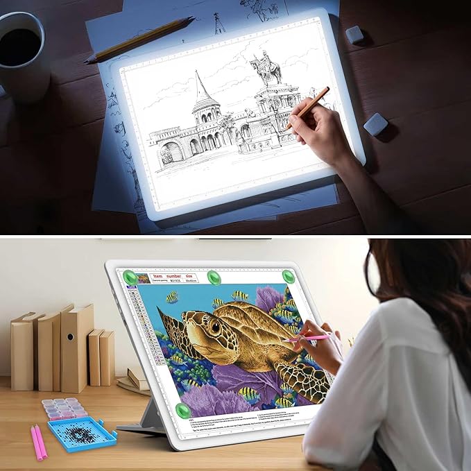 Zocelight Rechargeable A4 Light Pad with Built-in Stand,Super Bright Magnetic Light Box For Tracing,Wireless Diamond Art Light Board with Side Buttons,Light Table for Diamond Painting,Sketching(White)