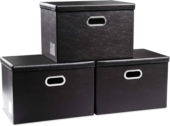 PRANDOM Extra Stackable Storage Bins with Lids [3-Pack] Leather Fabric Foldable Storage Boxes Organizer Containers Baskets Cube with Cover for Bedroom Closet Office Nursery Black (22.8x15.7x13.8)