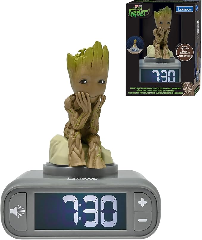 LEXiBOOK, Marvel Guardians of The Galaxy, Groot Nightlight Alarm Clock, Sounds and Melodies, Backlit LCD Screen, Illuminated, Snooze, Grey/Brown, RL800GG