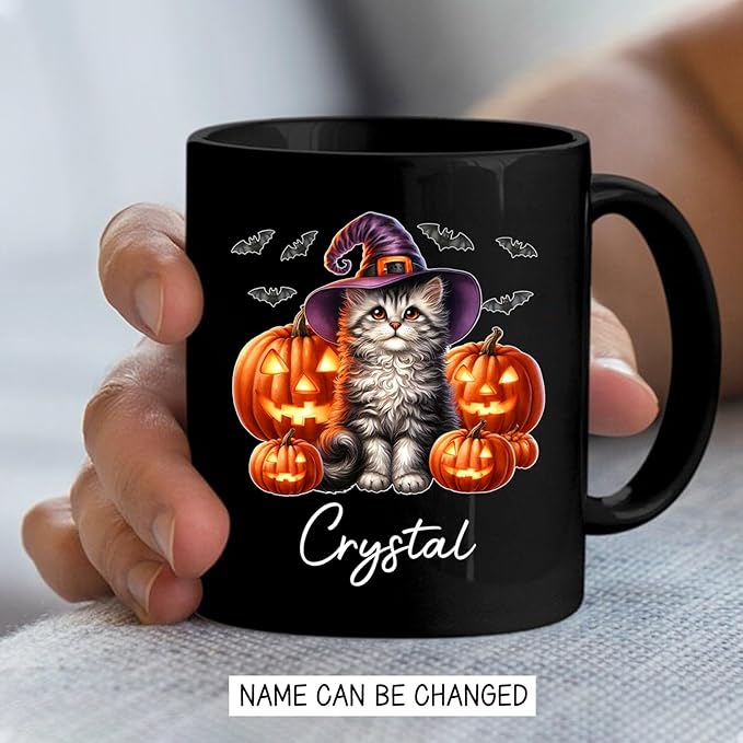 Personalized Halloween American Curl Ceramic Mug 11oz 15oz, Custom Name American Curl Wearing Witch Hat Coffee Cup, Cat with Pumpkins Halloween Black Cup, Spooky Cat Mug Gift for Pet Lover