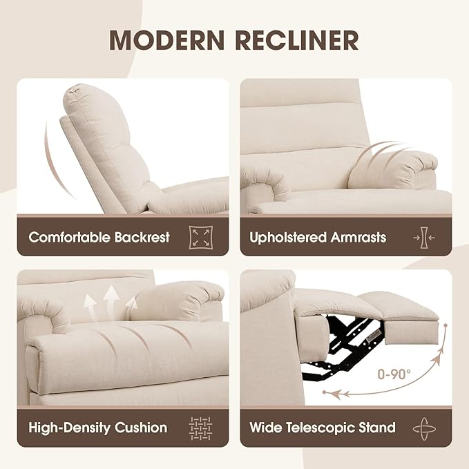 Large Glider Rocker Recliner,Beige Swivel Rocking Recliner Chair,Reclining Sofa Rocking Chair Nursery,23 Inches Deep Seat & 27 inches High Back,for Living Room, Bed Room‎ (Beige)