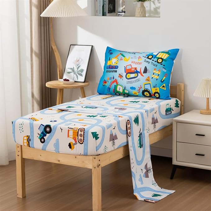 NTBED 4 Pieces Construction Truck Toddler Bedding Set for Baby Boys, Cartoon Vehicles Excavator Cars Printed, Includes Comforter, Flat Sheet, Fitted Sheet and Pillowcase,Sky Blue
