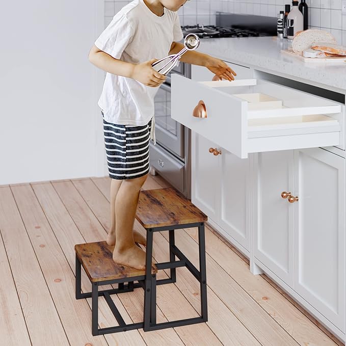 Step Stool for Adults & Kids,Holds up to 500Lb,3 in1 Heavy Duty Sturdy Wooden 2 Stepstool for Kichen/Bathroom/High beds, Metal Frame, Non-Slip Pads