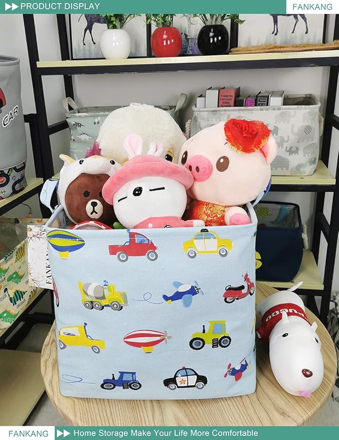 FANKANG Square Nursery Hamper Storage Bins Canvas Laundry Basket Foldable with Waterproof PE Coating Storage Baskets Gift Baskets for Children, Office, Bedroom, Clothes（Square-Car ）