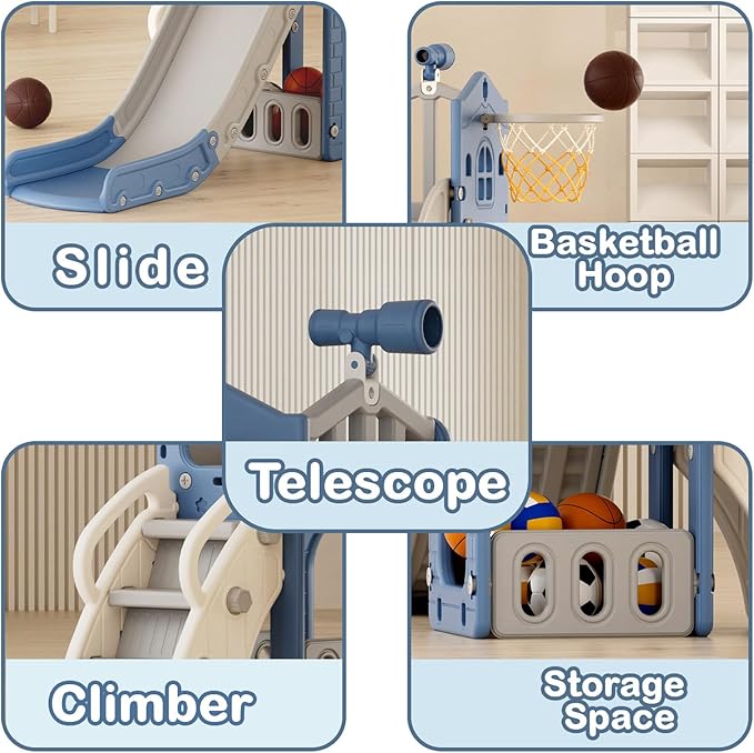 YUFU 5 in 1 Toddler Slide, Kids Slide with Climber, Basketball Hoop and Ball, Outdoor Indoor Playset for Toddlers Age 1-3 (Blue+Gray)