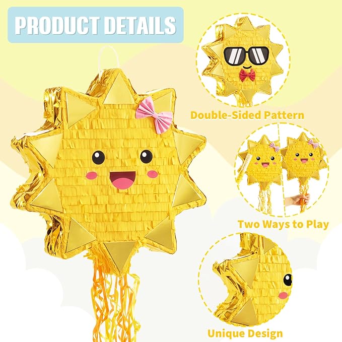 WERNNSAI Sun Pinata-Sunshine Party Decorations pull string Sun Pinata with Blindfold and Bat for Girls Kids Sun Brithday Baby Shower Summer Party Game Supplies