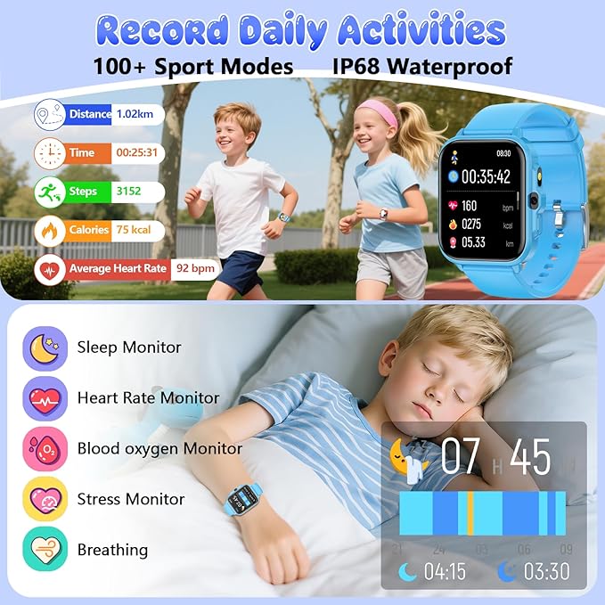 Smart Watch for Kids, 1.85" Fitness Tracker Pedometer Watch, Health, Sleep Monitor, Puzzle Games, Alarm Clock, Camera, Music Player, Torchlight, Activity, Gift Toys for 4 - 13 Years Old Boys and Girls