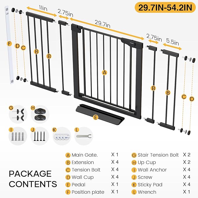 Cumbor 2 Pack 29.7-54.2" Baby Gate for Stairs, Mom's Choice Awards Winner-Auto Close Dog Gate for doorways, Easy Install Pressure Mounted Pet Gate Indoor, Walk Thru Wide Safety Gate for Dog, Black