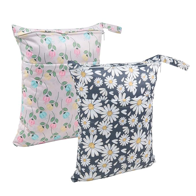 ALVABABY 2pcs Cloth Diaper Wet Dry Bags Waterproof Reusable with Two Zippered Pockets Travel Beach Pool Daycare Soiled Baby Items Yoga Gym Bag for Swimsuits or Wet Clothes L0821