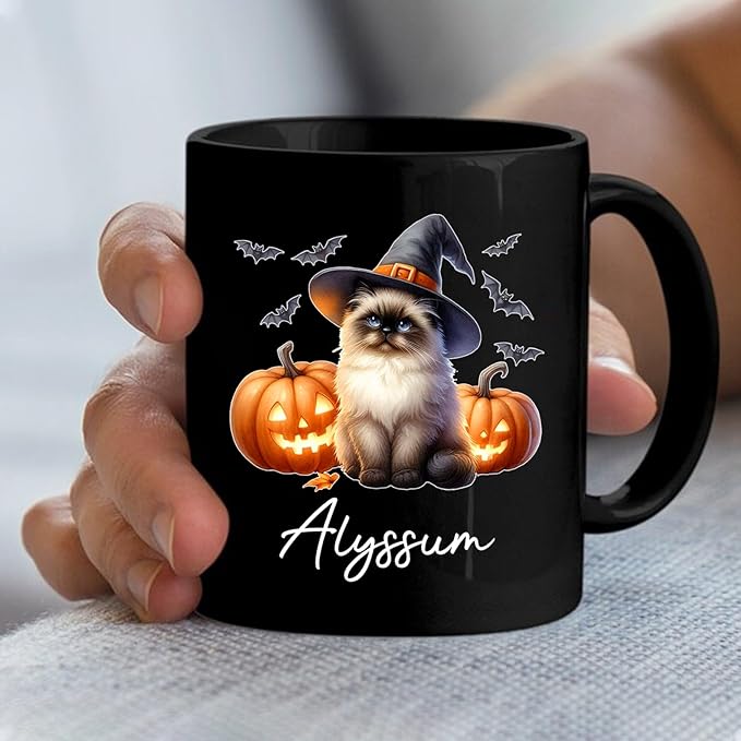 Customized Himalayan Wearing Witch Hat Mug with Name, Personalized Halloween Himalayan Ceramic Mug 11oz 15oz, Cat Pumpkins Black Coffee Cup, Halloween Cup Gift for Pet Lover Family Friend