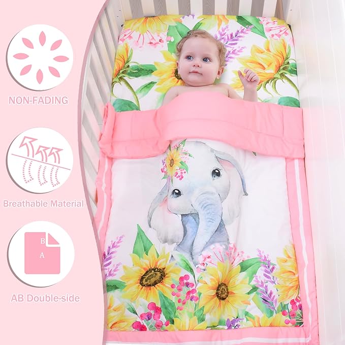 Cloele Crib Bedding Set for Baby Girls - 3 Piece Elephant Baby Bedding Set includes Pink Crib Skirt Crib Quilt Fitted Sheet - Sunflower Soft Nursery Comforter Bedding Set for Girls