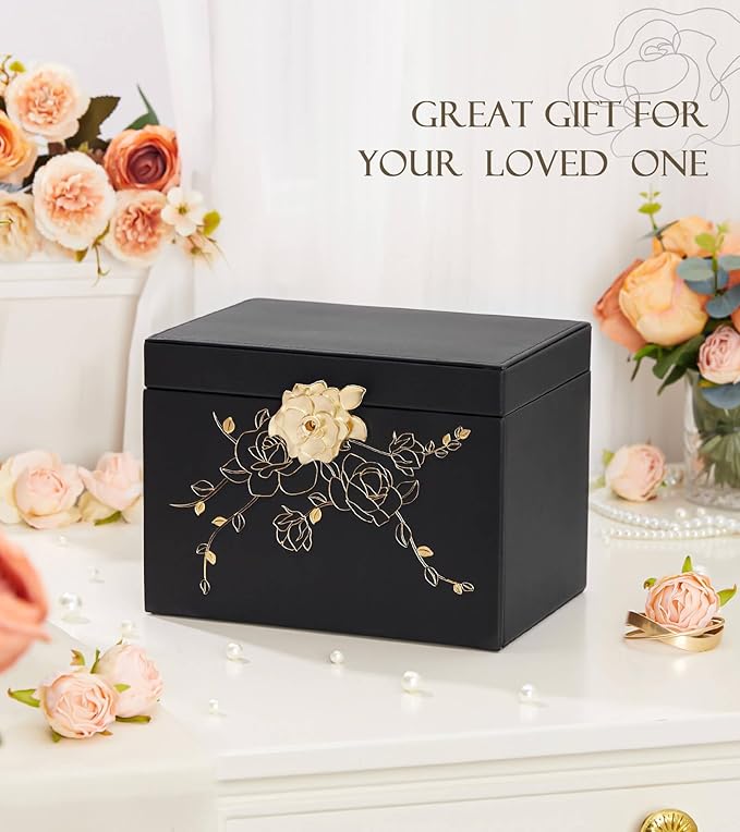 Jewelry Box with Lock for Girls: Jewelry Organizer for Dresser - 3-Drawer Earrings Storage Girls Women Gift (Black)