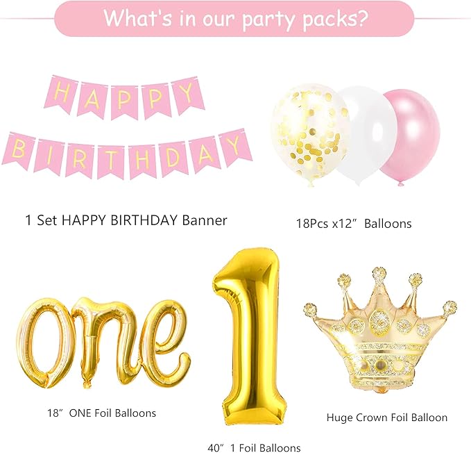 First Birthday Decorations Girl - 1st Birthday Baby Girl Decorations Include Balloons Box, Backdrop, Crown, Banner, High Chair Banner, Topper, Baby First One Year Old Girl Party Supplies