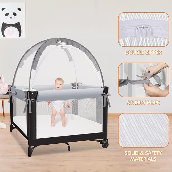 Pack N Play Tent - Mini Crib Tent to Keep Baby from Climbing Out - Crib Net to Keep Baby in - Pop Up Breathable Cribs Cover - Canopy with Upgrade Strong Mesh and Durable Zipper (Gray, Small)