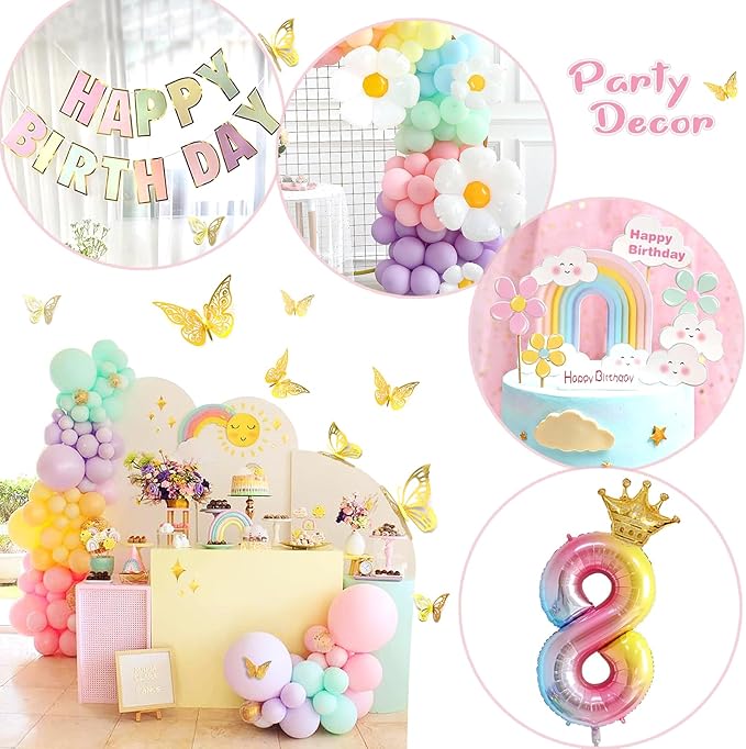 Pastel Balloons 8th Birthday Decorations for Girls, 219 Pastel Balloon Garland Kit with Flowers, Happy Birthday Banner, Cake Topper, 3D Butterflies, Number 8 Balloon for PastelBirthday Decorations