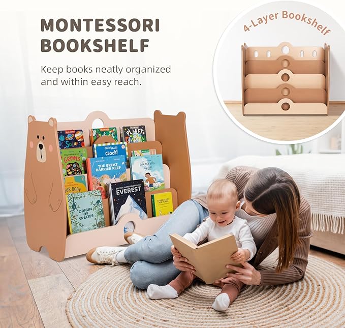 OOOK Montessori Bookshelf for Kids, Pine Wood Baby Bookshelf, Bear Toddler Book Shelf for Nursery, Playroom, Classroom