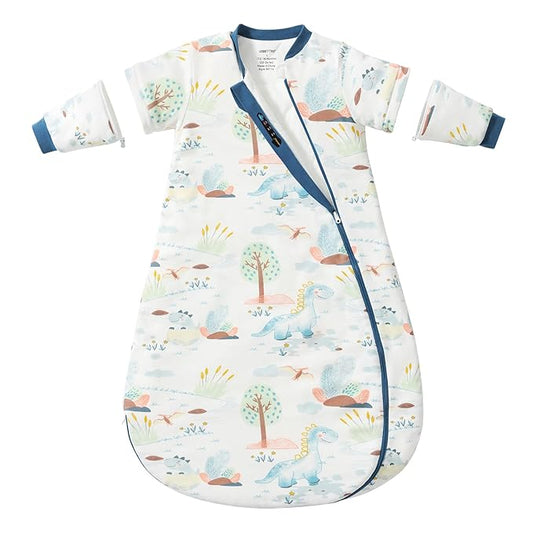Baby Sleep Sack 12-18 Months, Cotton Detachable Long Sleeve Sleep Sack, 1.0 Tog Toddler Sleeping Sack with Temperature Strips, 2-Way Zipper Wearable Blankets for Newborns, Dinosaur