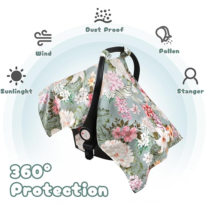 Car Seat Cover Baby, Flroal Infant Car Seat Canopy Covers for Newborn Girls Boys, Soft Breathable Minky Carseat Covers Stretchy Multi-Use Nursing Cover for Stroller Baby Car Seat, Green Leaf