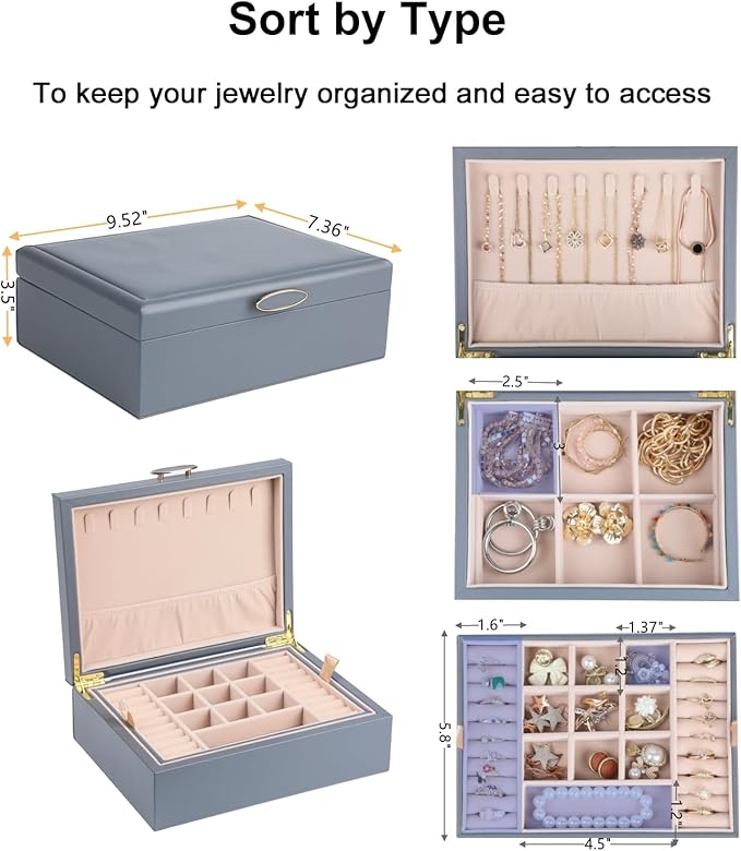 Small Jewelry Organizer for Women, 2-Layer Travel Jewelry Box with Portable Case, Necklace Ring Storage for Dresser, Girls Teens Gifts (Grey)