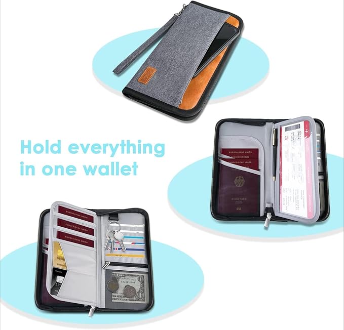 Real Leather Wallet RFID Family Passport Holder Waterproof Travel Essentials (Grey)