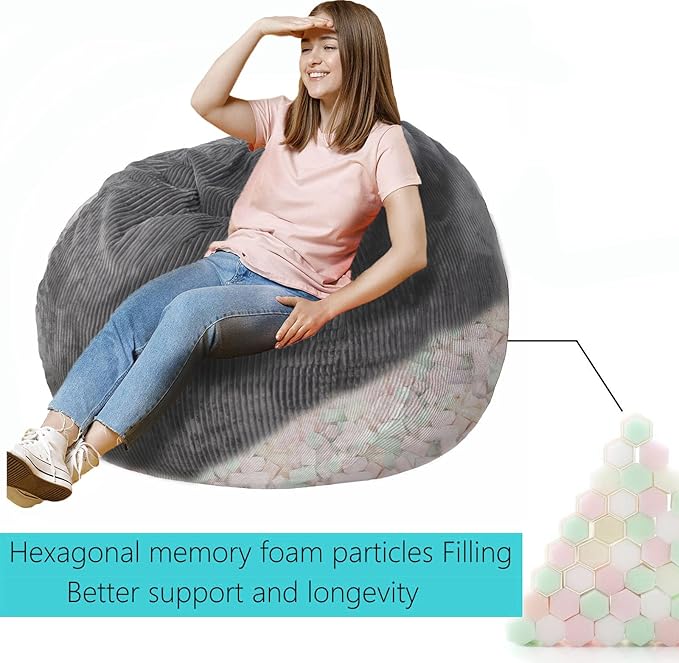 Bean Bag Chair 3Ft Luxurious Faux Rabbit Fur Memory Foam Bean Bag Chairs for Adults/Teens with Filling,Ultra Soft Faux Fur Fabric, Round Fluffy Sofa for Living Room Bedroom College Dorm (Grey)