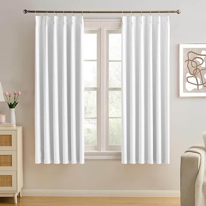KEQIAOSUOCAI Pleated White Curtains 63 Inches Long,Half Blackout Room Darkening Short Window Curtain 63 Inch Length 2 Panel Set,Pinch Pleated Curtains with Hooks,40 by 63,Set of 2