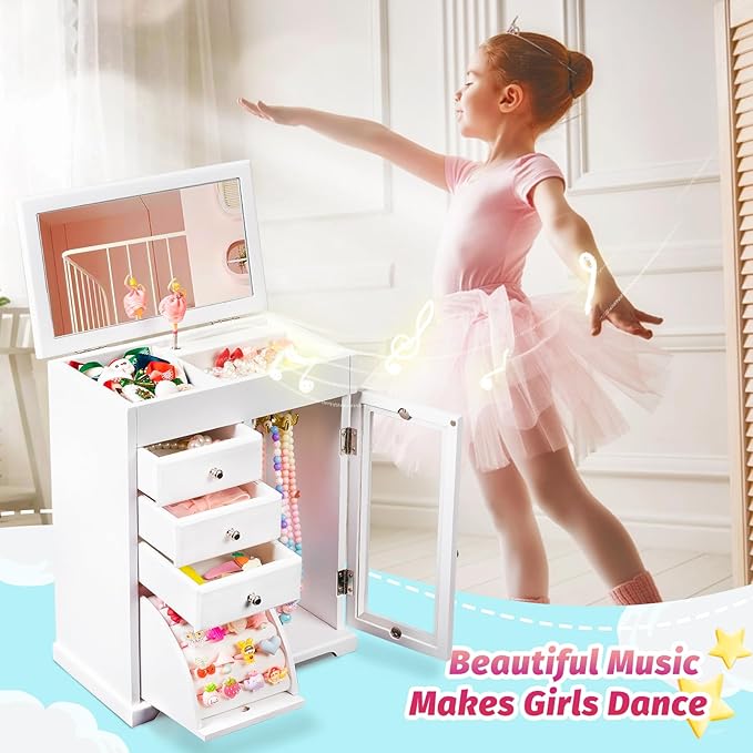 Miratino Jewelry Box for Girls, Kids Jewelry Box with Spinning Dancer, 5 Layer Large Wooden Musical Jewelry Organizer Box Gifts for Little Girls Christmas New Year Birthday Children's Day(White)