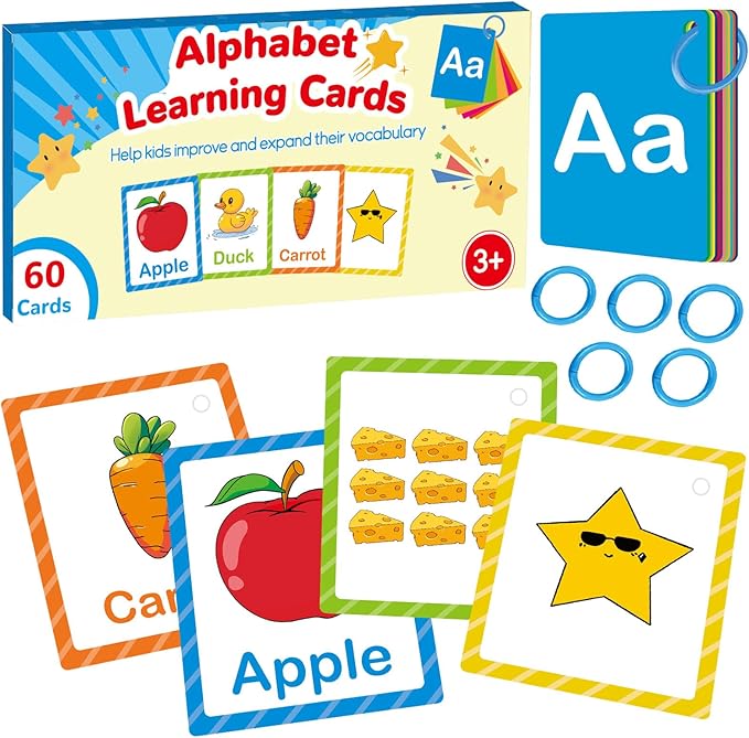 Toddler Learning Flash Cards, 60 PCS Double Sides Flashcards for Alphabets, Numbers, Colors, Shapes, Sight Words, Baby Cognitive Flashcards for Kids, Preschool Kindergarten Learning Activities