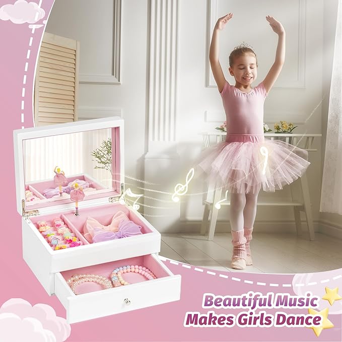 Miratino Music Jewelry Box Gifts for Girls, Wooden Kids Jewelry Boxes & Organizers with Spinning Dancer, Musical Jewelry Storage Gift for Little Girl Toddler Christmas Birthday New Year (White)