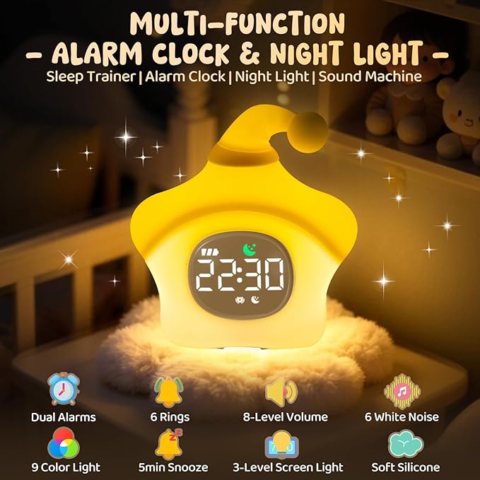 Star Alarm Clock with Night Light for Kids with Sleep Training and Sound Machine, Rechargeable Silicone Lamp OK to Wake Clock，Cute Animal Tabletop Lamp, Perfect Sleep Companion for Boys Girls, Yellow