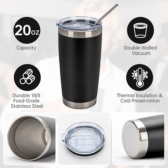 IEOVIEE 32 Pack 20oz Stainless Steel Bulk Tumblers with Lids and Straws Double Wall Insulated Travel Mug Durable Powder Coated Tumbler Bulk Cup for Cold and Hot Drinks(Black)