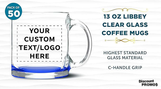 Custom Libbey Clear Glass Coffee Mugs 13 oz. Set of 50, Personalized Bulk Pack - Perfect for Coffee, Tea, Espresso, Hot Cocoa, Other Beverages - Blue Bottom
