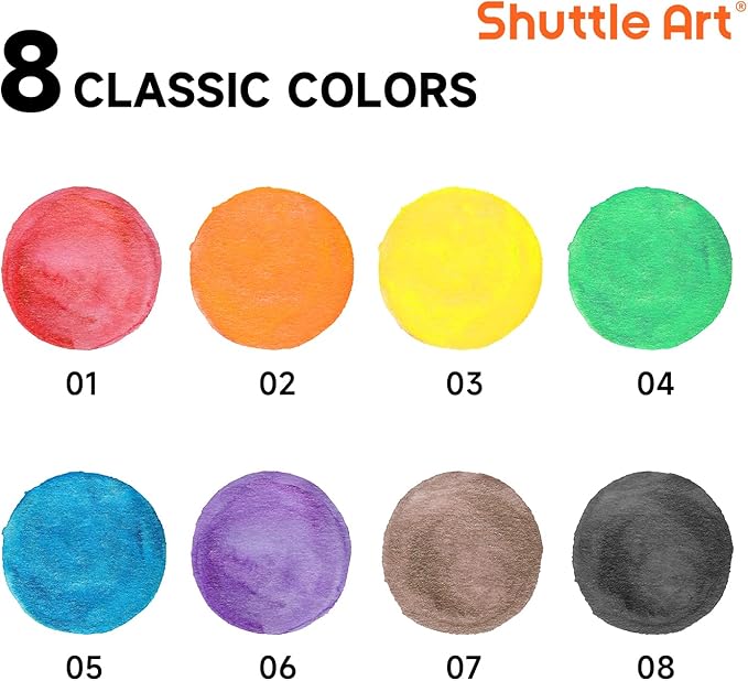 Shuttle Art 8 Colors Watercolor Paint Set, 60 Pack with Paint Brushes & Color Wheels, Washable for Kids & Adults, Suitable for Classroom, Parties, Kindergarten & Art