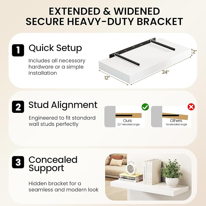 36Inch White Floating Shelves for Wall, 12 Inch Deep Shelves for Bedroom - Image 6