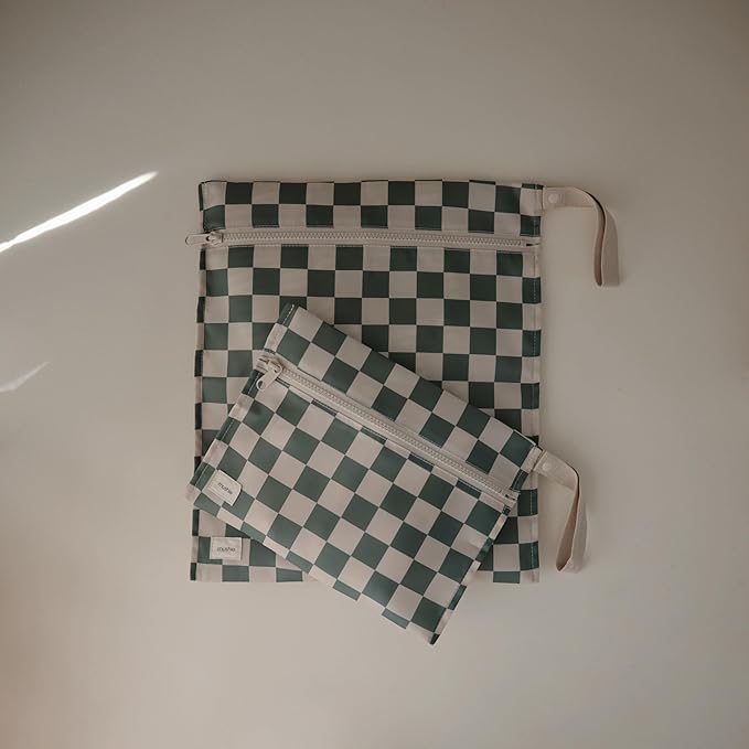 mushie Water Resistant Wet Bags | Large & Small Reusable Storage Bag for Baby Items and Travel | Zippered Pockets with Handle | Machine Washable, Set of 2 (Olive Check)