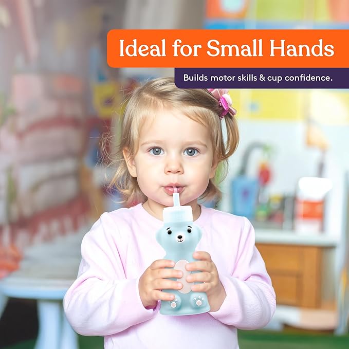 Special Supplies Honey Bear Straw Cup Long Straws, Squeezable Therapy and Special Needs Assistive Drink Container, Spill Proof and Leak Resistant Lid (Pack of 1 Bottle and 3 Straws) (Blue)