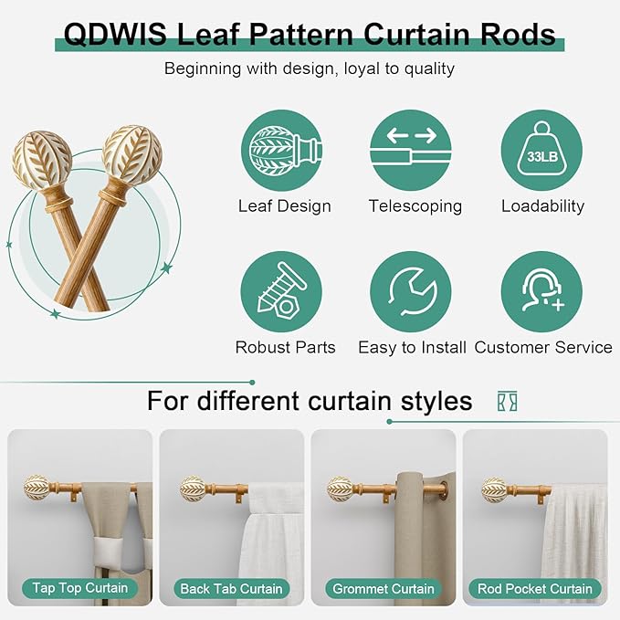 QDWIS Boho Wood Curtain Rods for Windows 48 to 84 inch, Rustic Decorative - Image 6