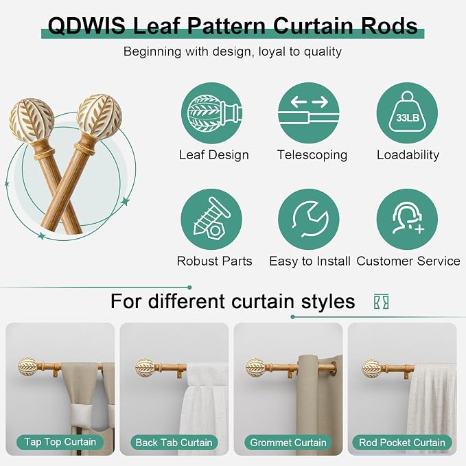 QDWIS 2 Pack Boho Wood Curtain Rods - Image 6